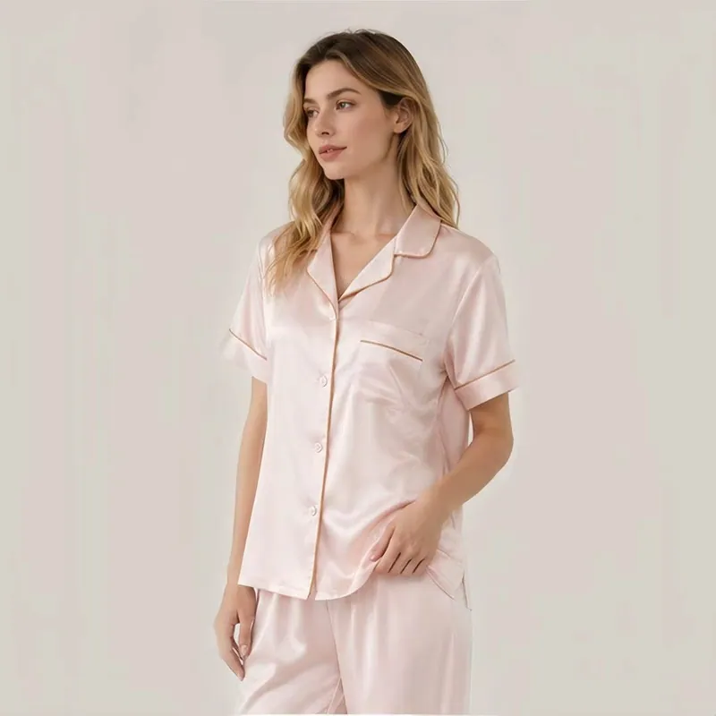 Pink Satin Ladies Pajama Set Short Sleeve Notch Collar Long Trousers Elegant Sleepwear Custom Color