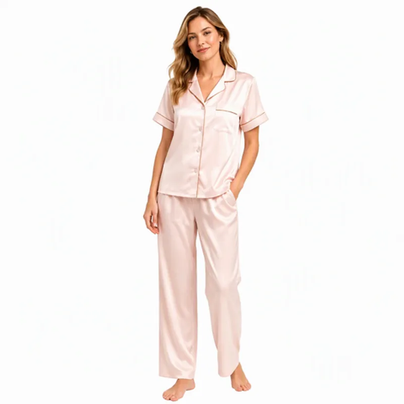 Pink Satin Women's Pajama Set Short Sleeve Notched Collar Long Pants