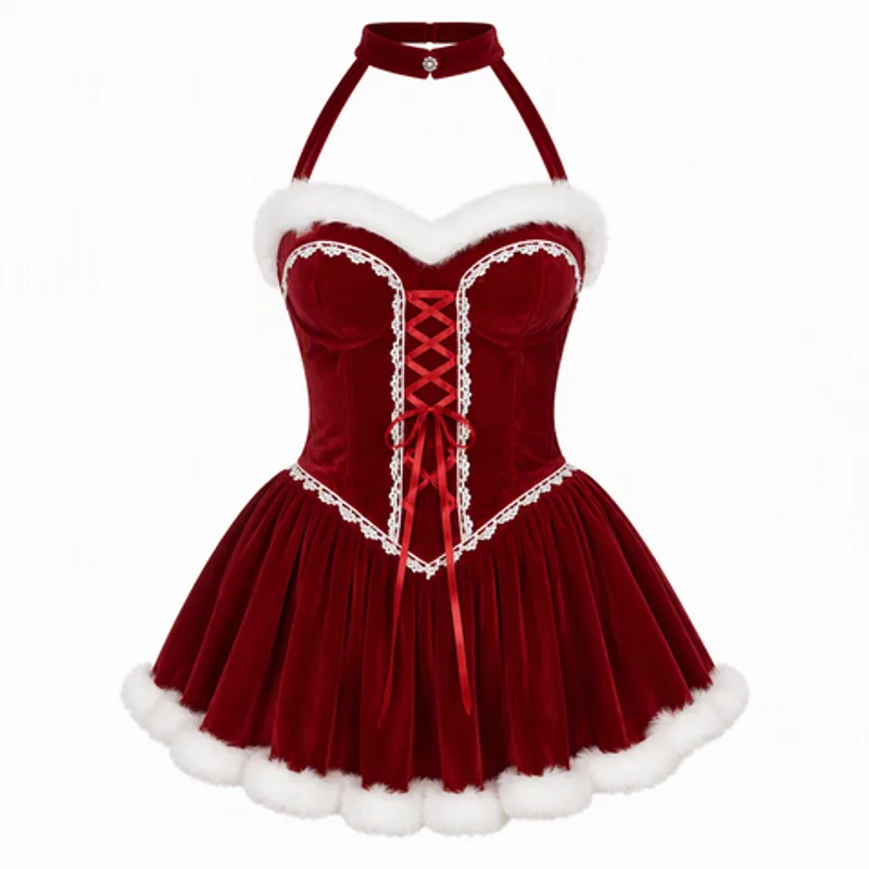 Red Velvet White Faux Fur Trim Santa Mini Dress Women Halter Corset Bodycon Christmas Party Costume