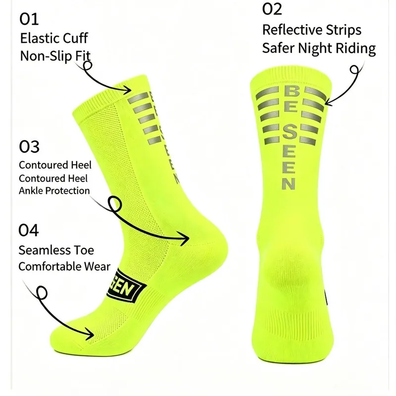 Reflective Logo Cycling Socks Mid Calf Night Safety Bike Riding Sports Socks
