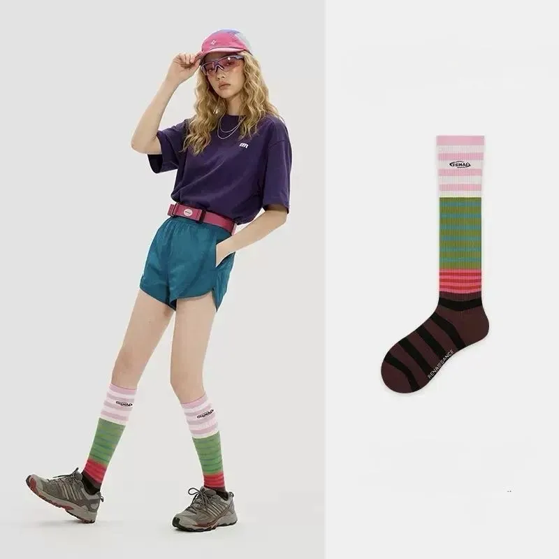 Ribbed Knee High Women Socks Color Block Embroidery Sport Socks Custom Manufacture