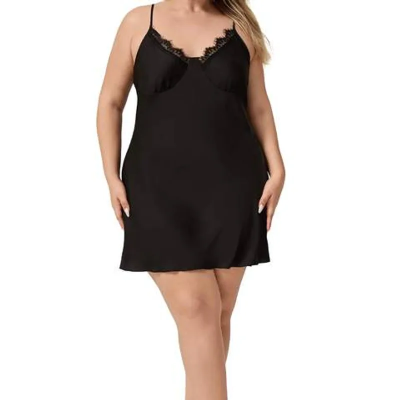 Sexy Eyelash Lace Trim Satin Nightgown Plus Size Ladies Criss Cross Back Mini Slip Sleep Dress