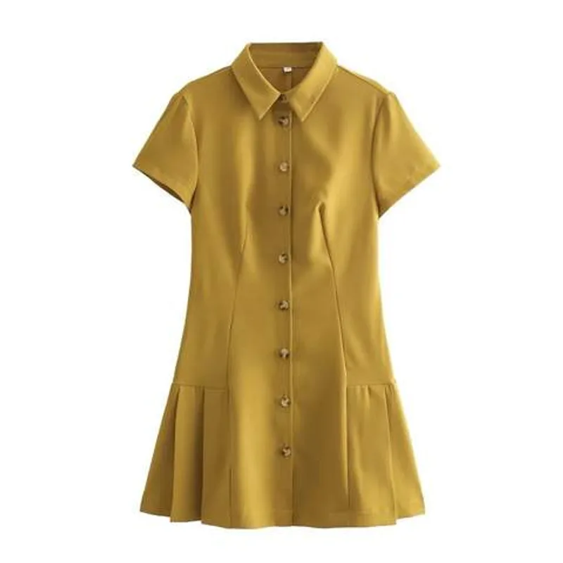 Short Sleeve Collared Button Front Pleated Mini Shirt Dress