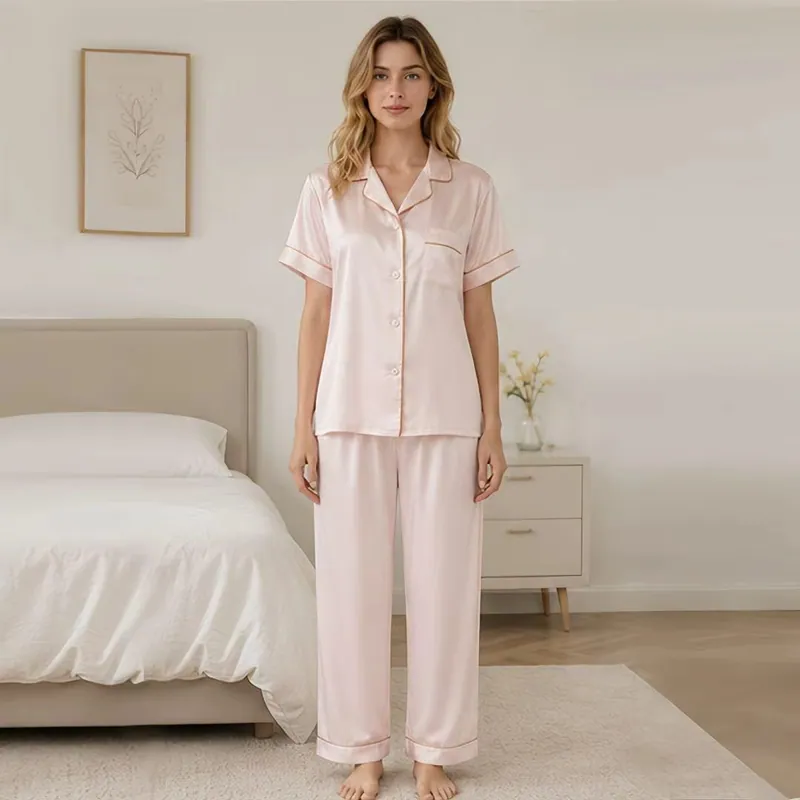 Silky Smooth Satin Women Pajamas Set Lapel Short Sleeve Long Pants Loose Fit Ladies Night Suit