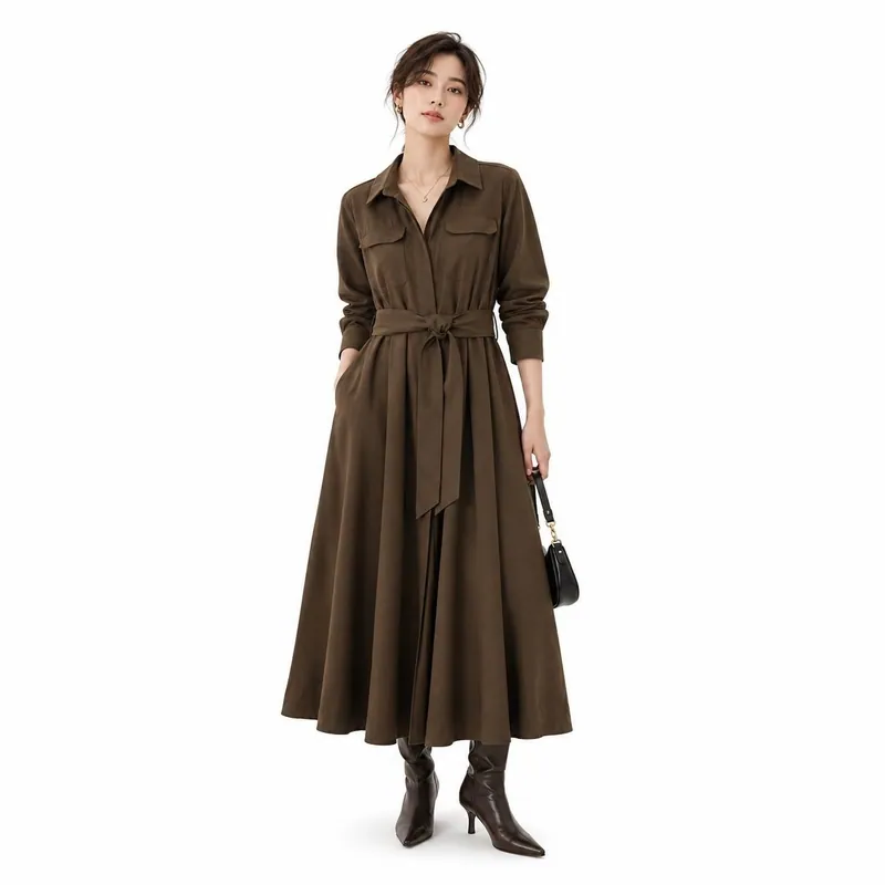 Solid Color Belted Trench Dress for Women Office Casual Long Flared Hem Wind Coat