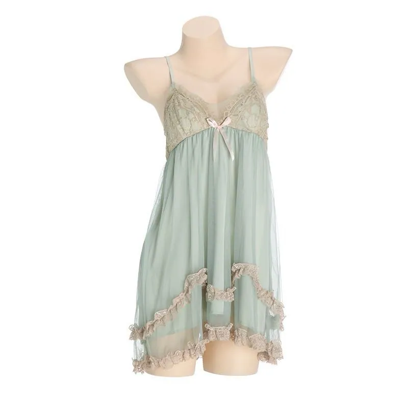 Sweet Vintage Lace Night Dress Backless Loose Mesh Sleepwear Bow Decor Lingerie Nightwear