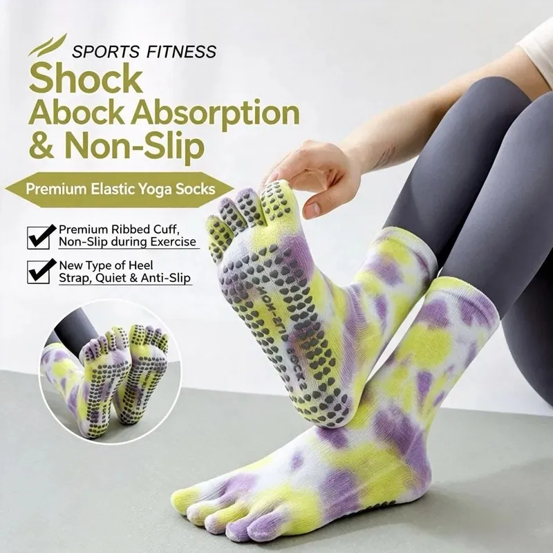 Tie Dye Five Toe Yoga Socks Silicone Grips Non Slip Mid Crew Pilates Barre