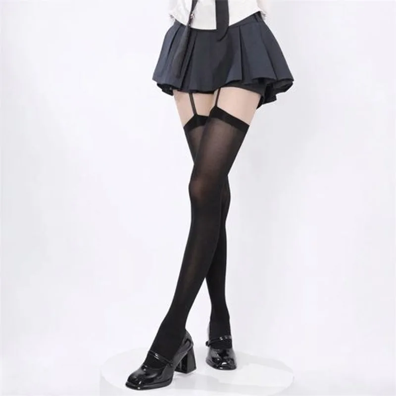 Transparent Sheer Ladies Garter Stockings Solid Color Integrated Suspender Thigh High Socks Soft