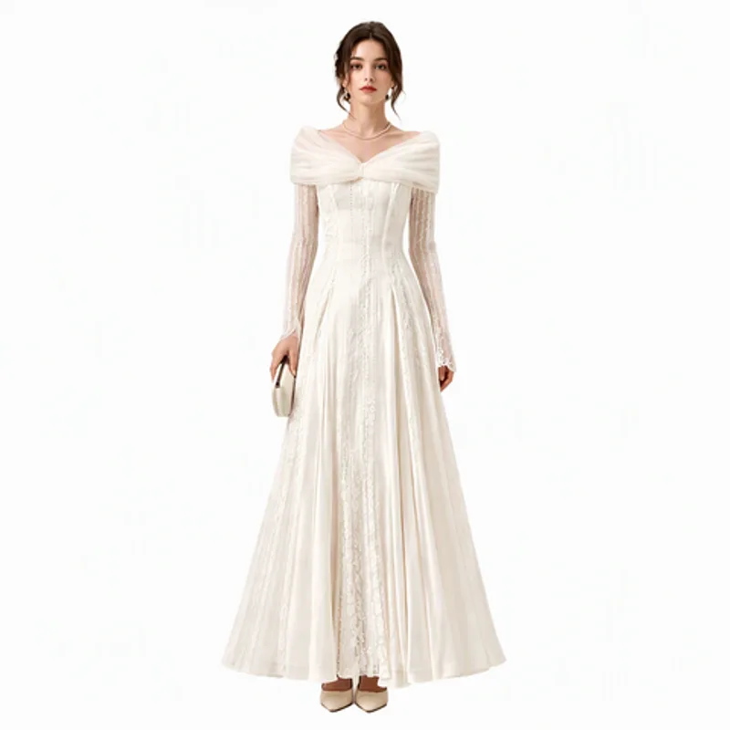 Vintage Off-Shoulder Lace Long Sleeve Bridal Gown Elegant A-Line Wedding Dress with Tulle