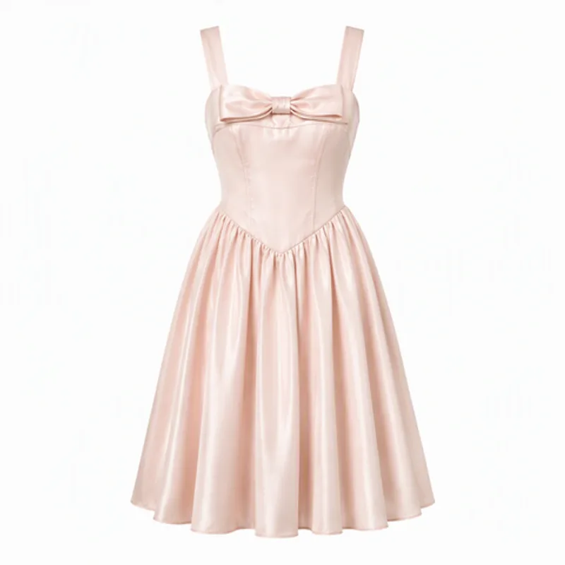 Vintage Satin Bow Corset A-Line Midi Dress