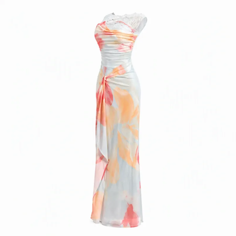 Watercolor Print Ruched One Shoulder Maxi Dress