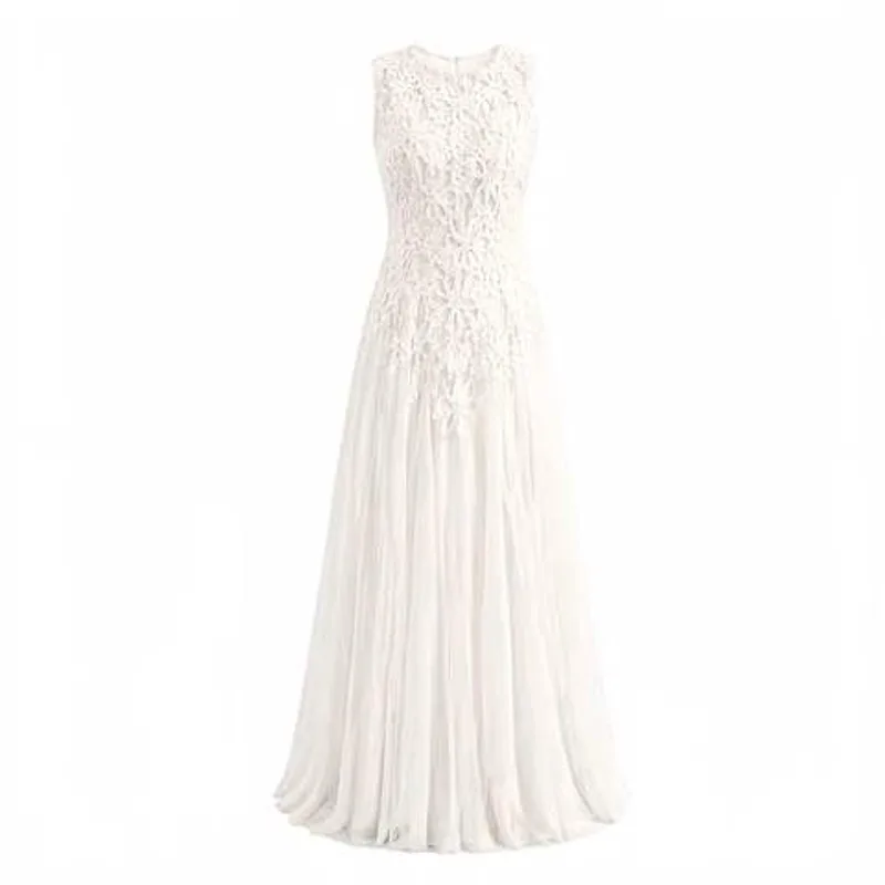 White Lace Chiffon Wedding Dress Sleeveless A-Line Bridal Gown