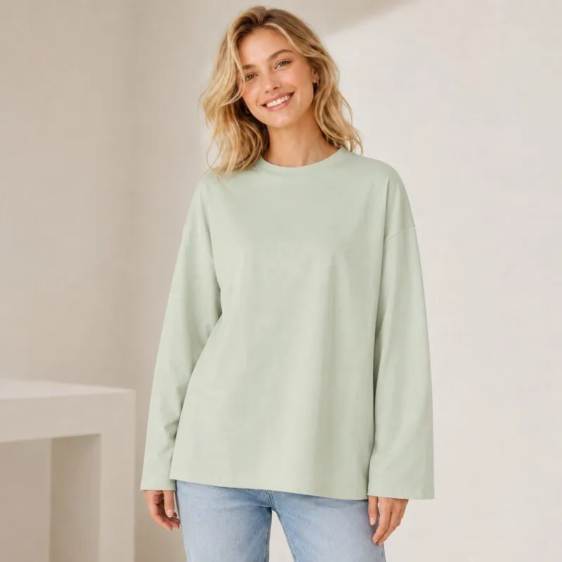 Women Crew Neck Long Sleeve Oversized Cotton Tee Plain Blank Custom Printed Casual