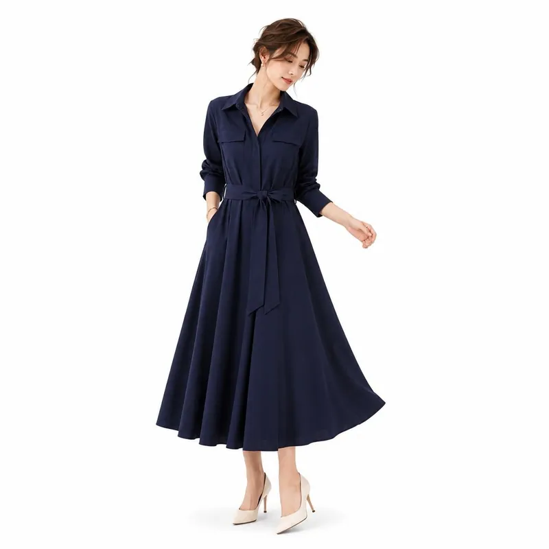 Women Long Sleeve Shirt Style Trench MIDI Dress Lapel Pocket Self Tie Waist Swing Coat Dress