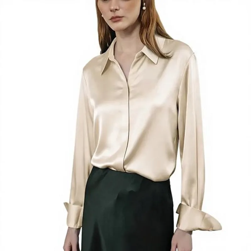 Women Mulberry Silk Satin Blouse Point Collar Long Sleeve Button Down Office Shirt
