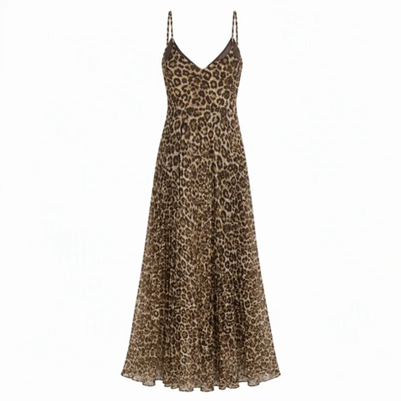 Women Retro Leopard Print Pleated Chiffon Maxi Dress