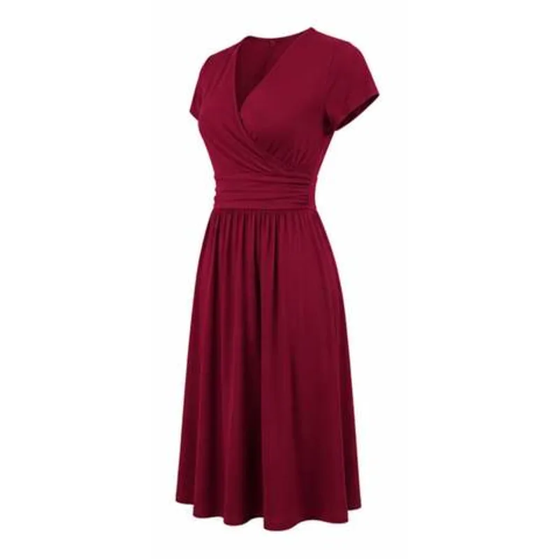 Women's Burgundy V-Neck Wrap Midi Dress