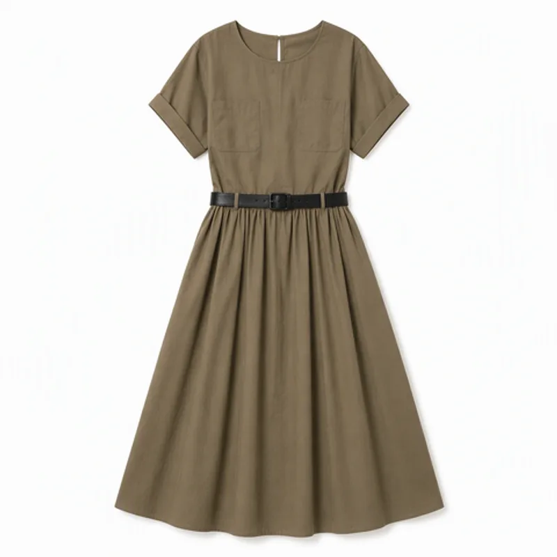 Women's Khaki Round Neck Belted Pleated A-Line Midi Dress