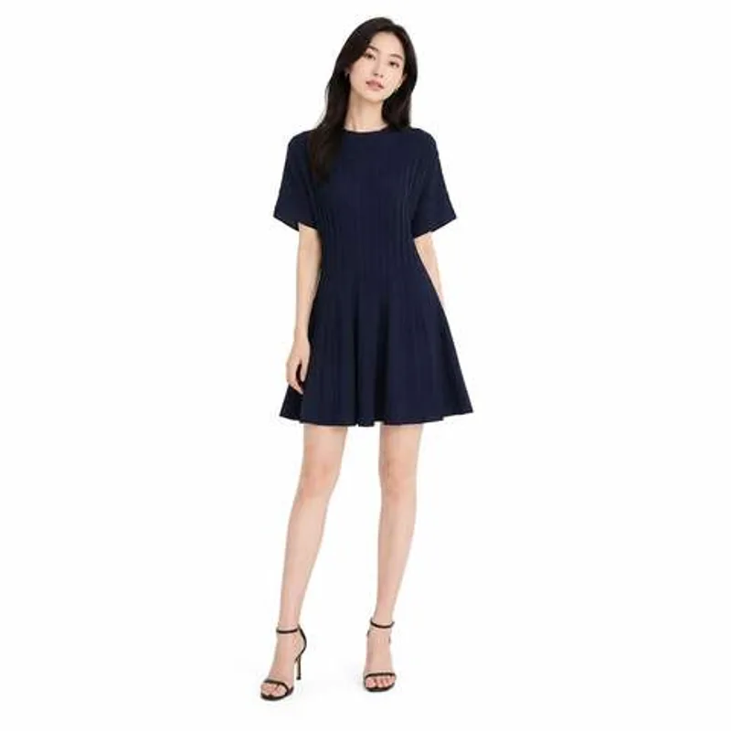 Women's Solid Color Vertical Pleated Short Sleeve Slim Flared Dress