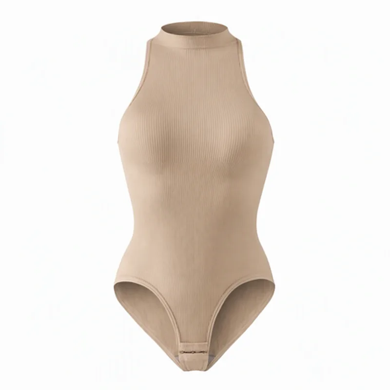 Women's Stretchy Ribbed High Neck Sleeveless Bodysuit