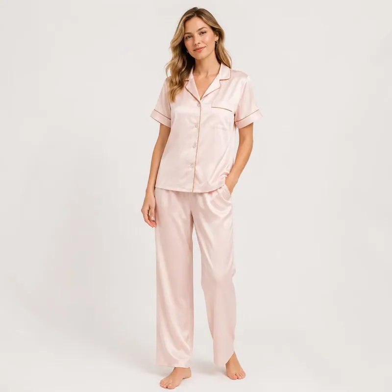 Women Satin Pajama Set Short Sleeve Lapel Top Long Pants Silk Sleepwear Set Gold Piping Ladies
