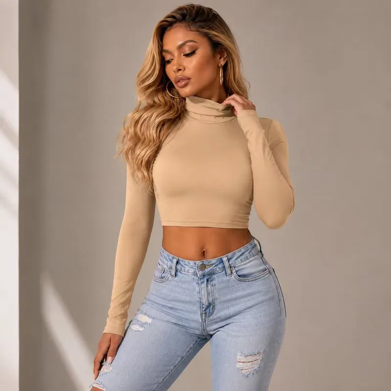 Women Slim Fit Turtleneck Crop Top Soft Stretchy Long Sleeve Cropped Shirt