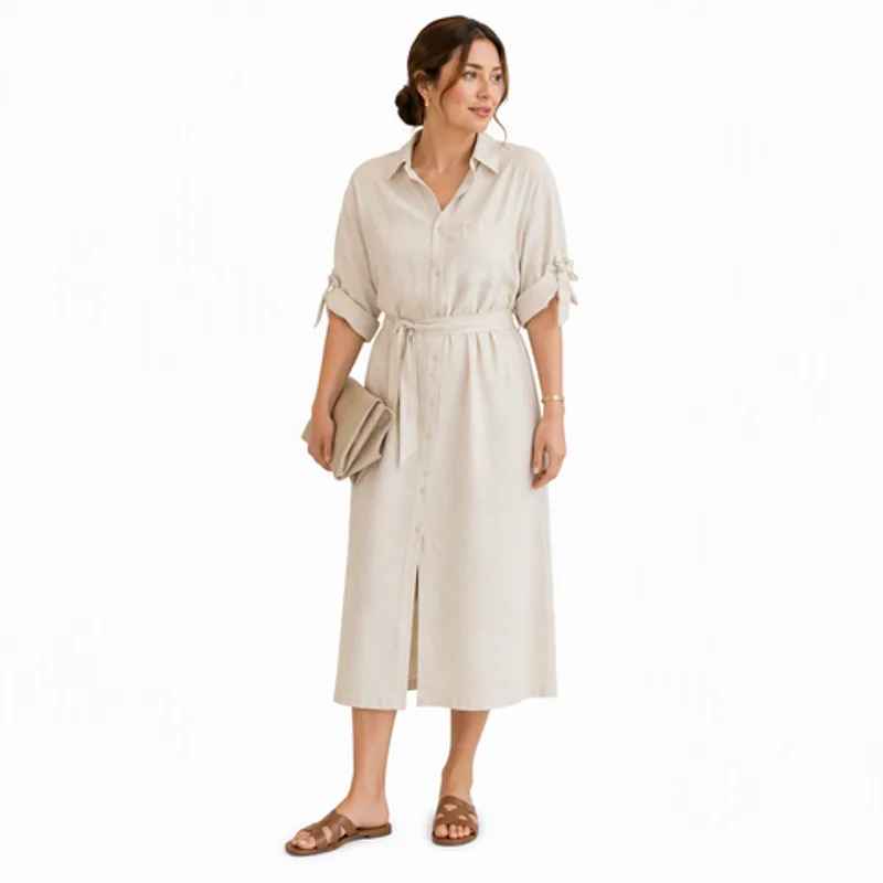 Women Solid Color Collared Button Down Linen Midi Dress