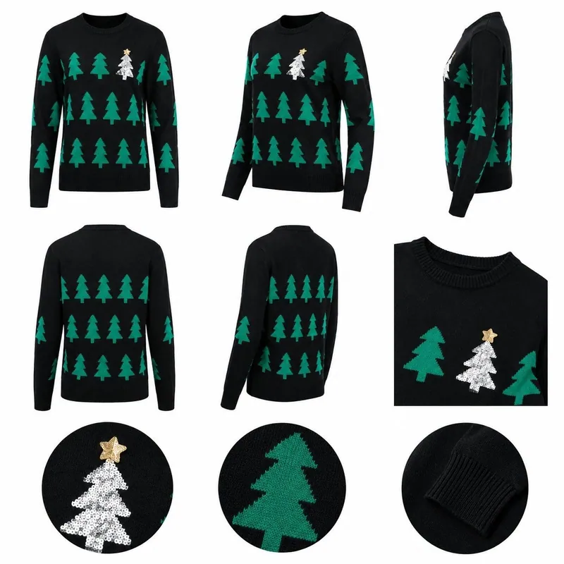 Xmas Pine Tree Glitter Star Design Knit Pullover Sweater Men Women Holiday Gift Winter Basic